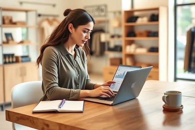 Shop owner reviewing a sales dashboard on a laptop