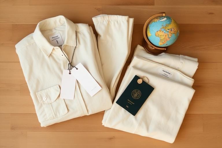 Folded garments with price tags, a globe and a passport