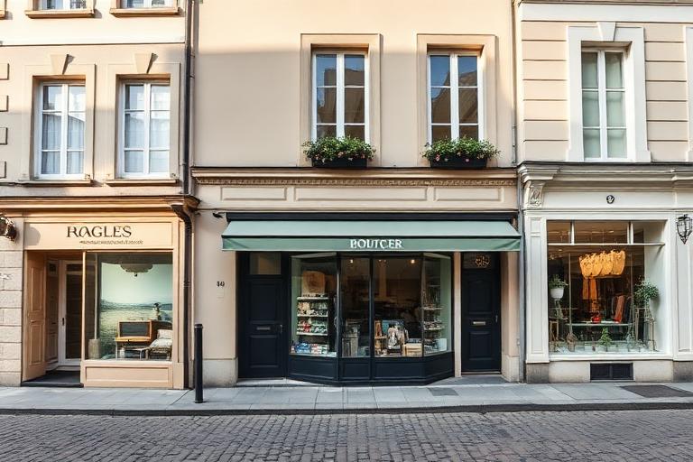 Row of independent boutique storefronts on a cobbled street