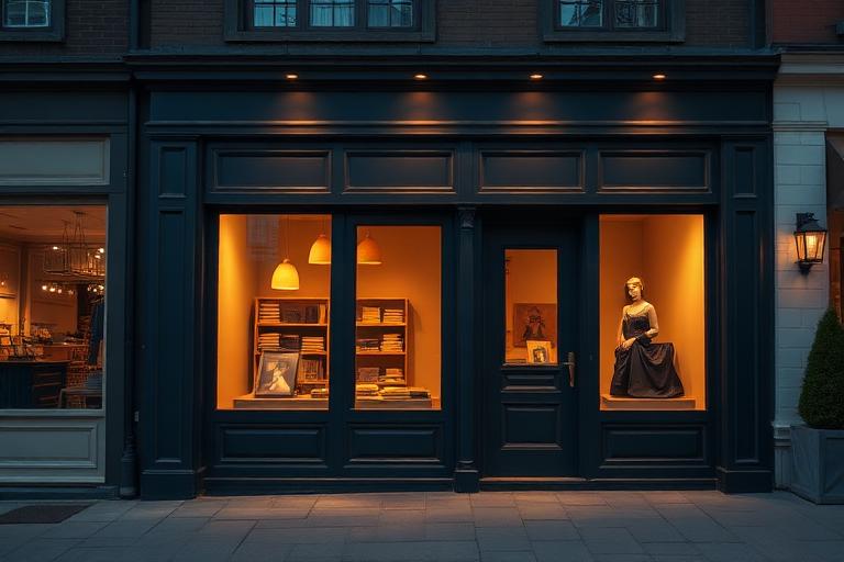Independent boutique storefront at dusk