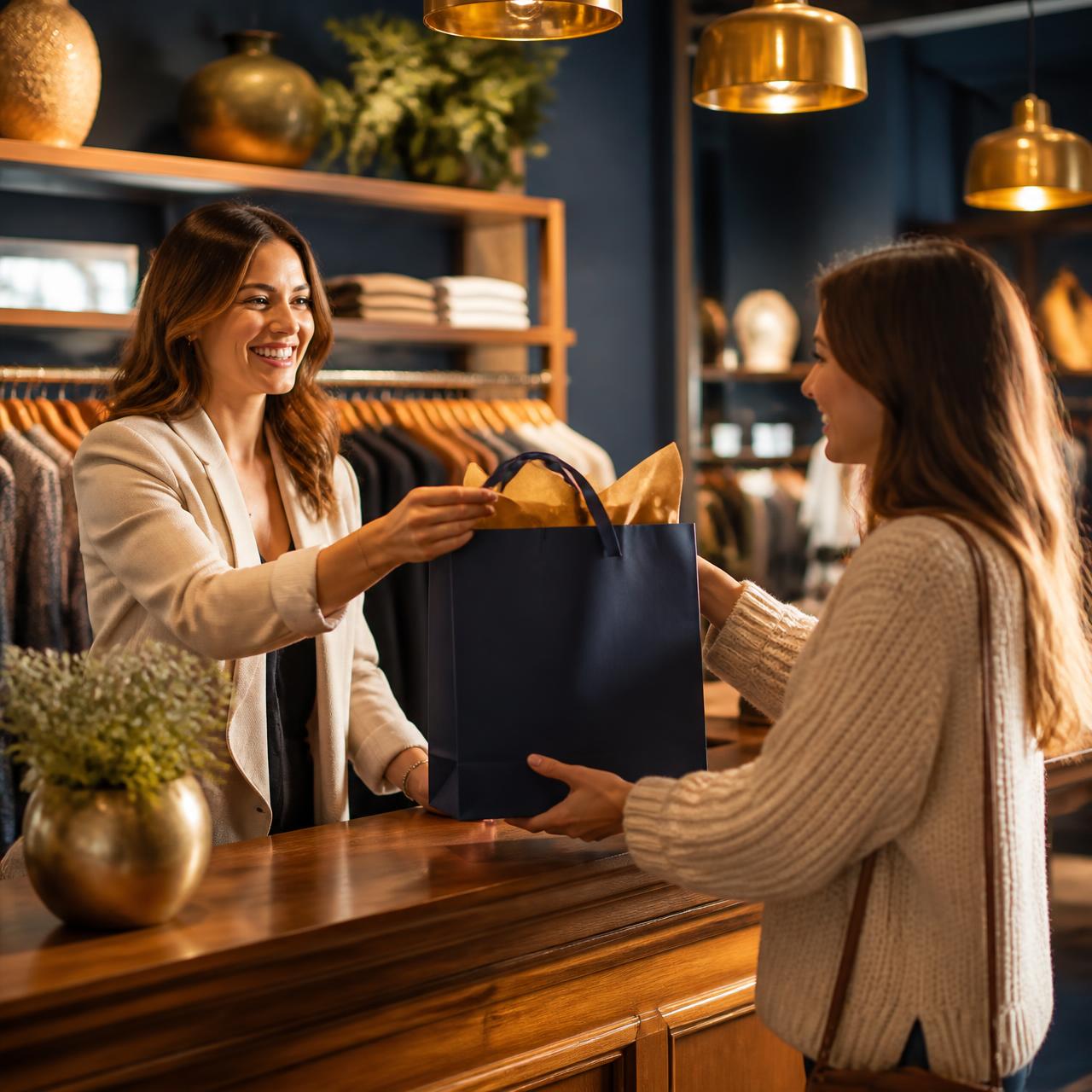 Independent boutique shopkeeper handing a wrapped purchase to a happy customer